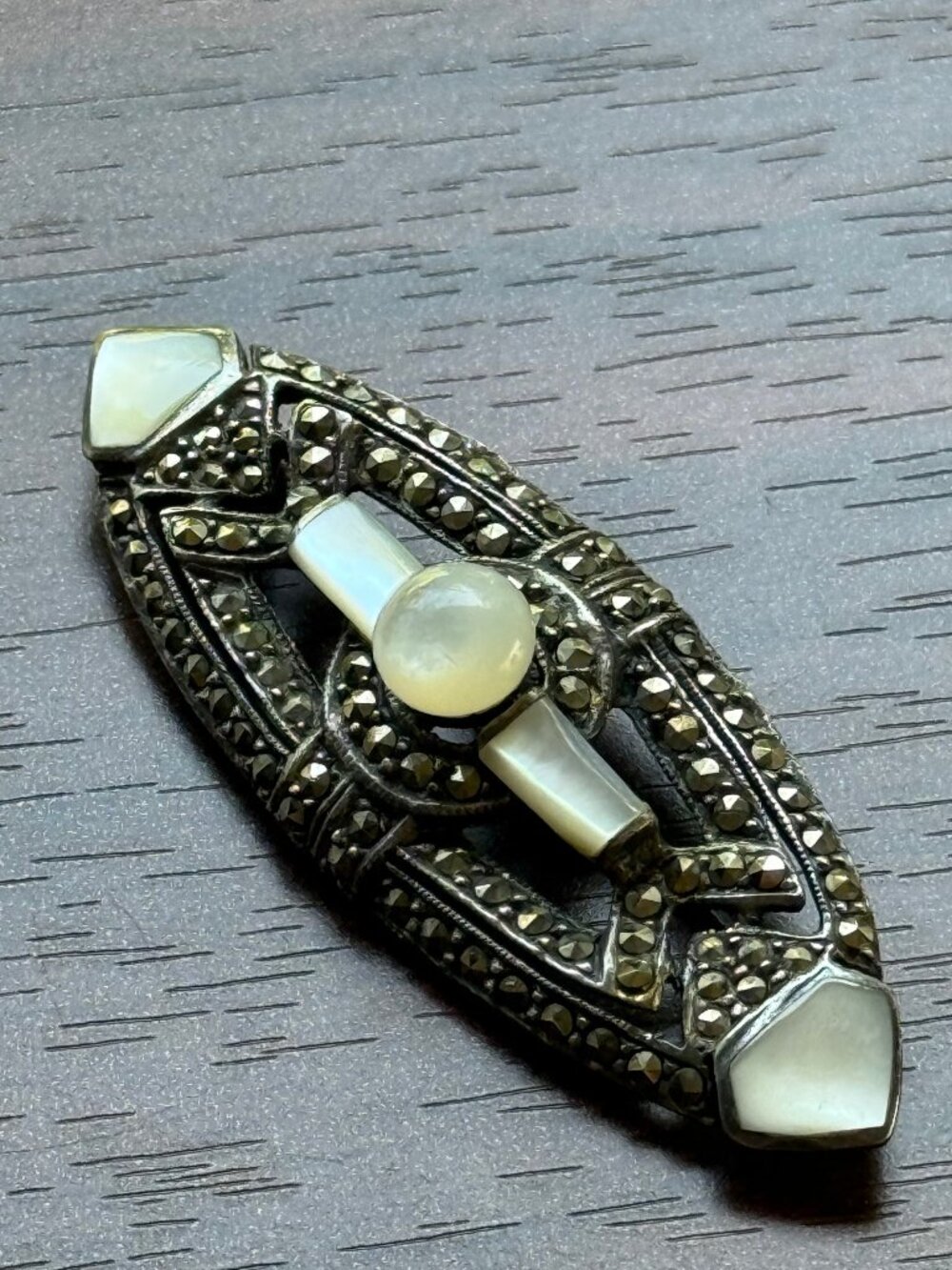 Vintage 925 Sterling Silver Marcasite Mother of Pearl Brooch Native Designed